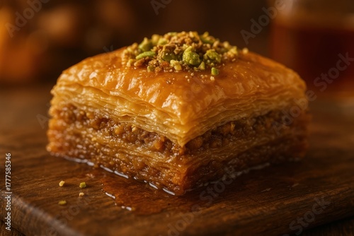 Close-up of a traditional baklava dessert on a rustic wooden surface, showcasing its golden layers of flaky pastry, syrupy texture, and pistachio topping in warm natural light.