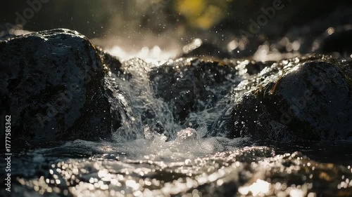 Clear mountain stream flowing over wet rocks in sparkling sunlight. Ideal for travel commercials, wellness branding, environmental awareness, and cinematic nature backdrops.

