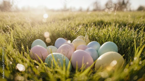 Pastel-colored Easter eggs in morning sunlight on fresh green grass. Perfect for holiday marketing, seasonal greetings, springtime promotions, and family celebration videos.
