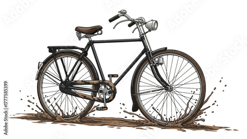 A black bicycle rides through a muddy puddle