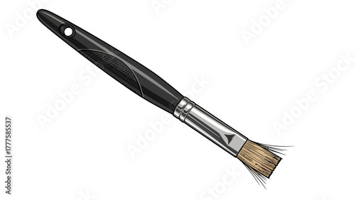 A black paint brush with metal ferrule and tan bristles