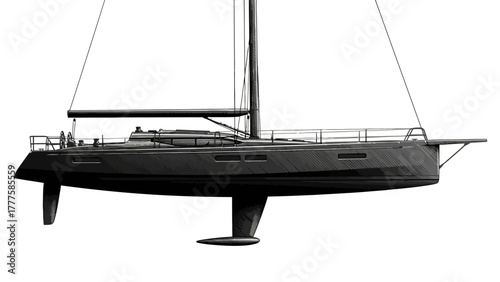 A black sailboat with a mast and rigging against a white background