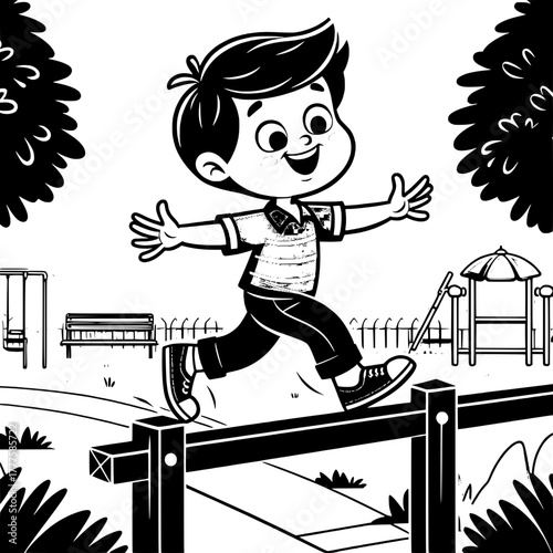 Black and White Vector Silhouette of Boy Sliding Down Stair Rail