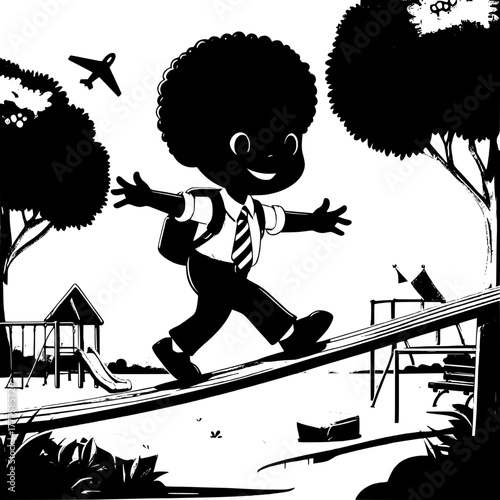 Black and White Vector Silhouette of Boy Sliding Down Stair Rail