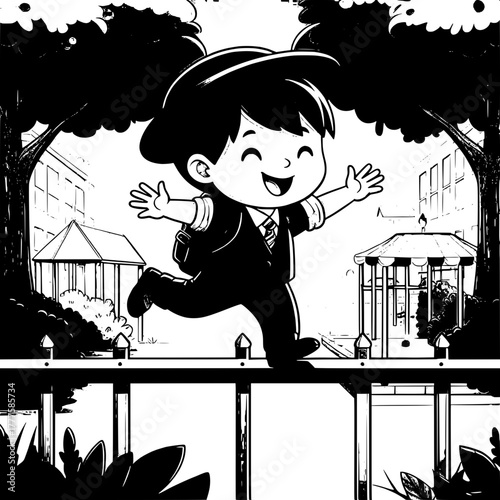 Black and White Vector Silhouette of Boy Sliding Down Stair Rail