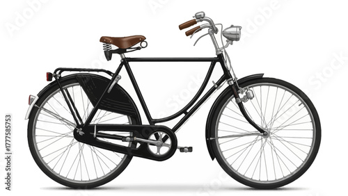 A black vintage bicycle with a brown leather seat and chrome accents