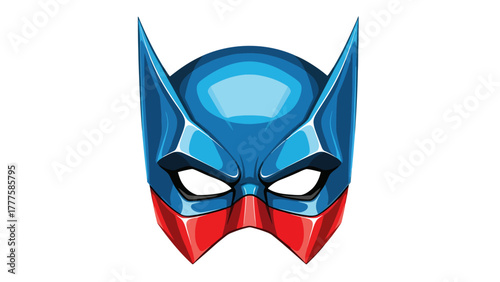 A blue and red superhero mask with pointed ears and eye openings