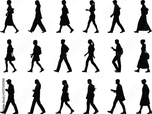 Walking people silhouettes, diverse human motion poses, business and casual attire vector, urban lifestyle illustration, isolated character graphics, black icons