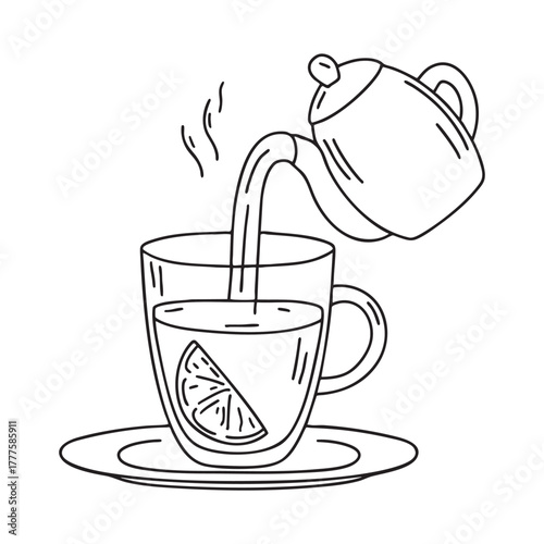 Glass cup showing strong hot tea being poured from above