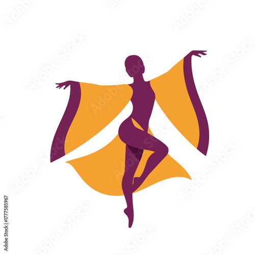 Purple silhouetted woman in orange robe dances gracefully on white background. Suitable for dance posters, meditation illustrations, and wellness content.