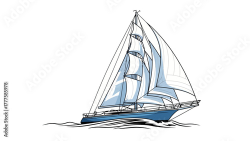 A blue sailboat with white sails on choppy water