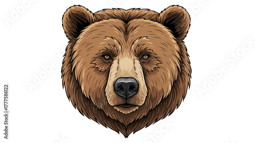 A brown bears head facing forward with detailed fur