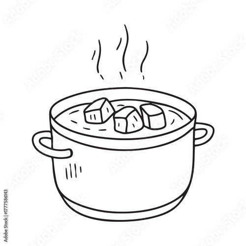 Hot pot filled with stew featuring tender pieces of beef