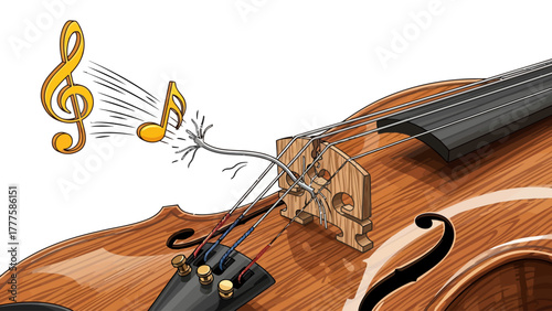 A broken violin string emitting musical notes