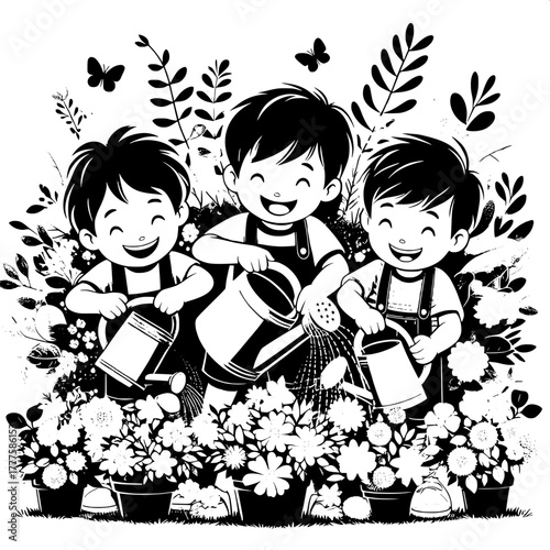 Black and White Vector Silhouette of Kids Playing Tag