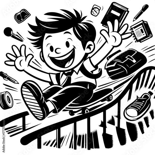 Black and White Vector Silhouette of Boy Balancing on Railing