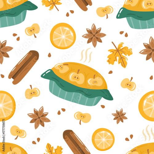 Autumn seamless pattern with cute colorful apple pie, spices and lemon. Cartoon fall elements for fabric, textile, wrapping paper, wallpaper.