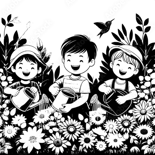 Black and White Vector Silhouette of Kids Playing Tag