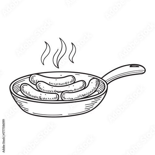 Hot pan crowded with sausages cooked in spicy seasoning