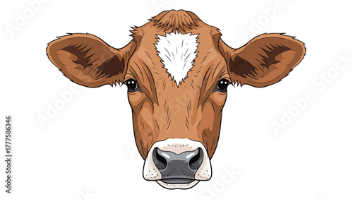 A brown cow face with a white blaze on its forehead