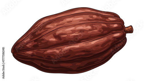 A brown cocoa pod with a stalk on a white background