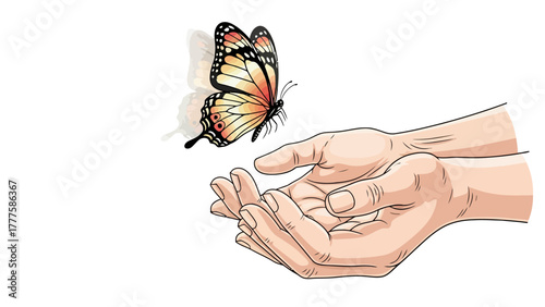 A butterfly flies above open cupped hands