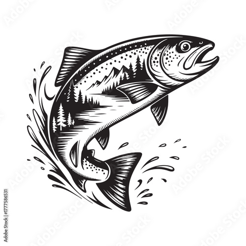 Vintage Fishing Fish engraving outline vector art illustration design, Fish silhouette, hand drawn, line art fish design