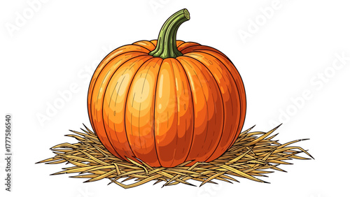 A cartoon pumpkin with a green stem sits on a pile of straw