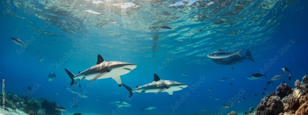 Fototapeta premium Underwater Scene with Sharks and Fish in Blue Ocean