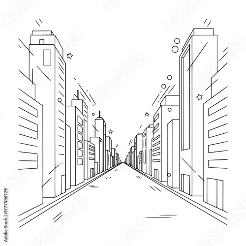 Modern City Street Line Art Illustration – Urban Skyline Perspective Drawing, one line buildings design, outline city.