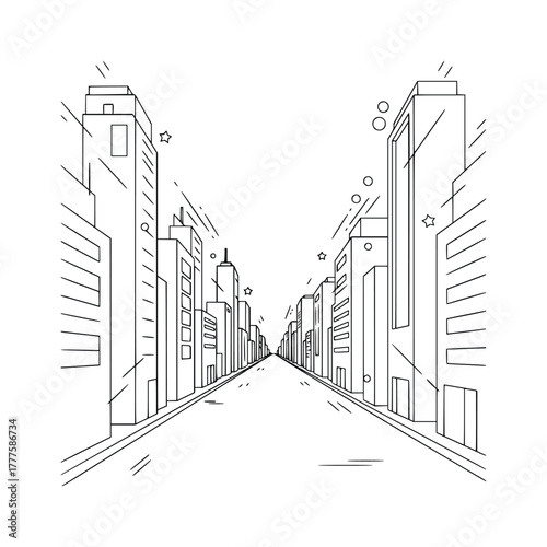 Modern City Street Line Art Illustration – Urban Skyline Perspective Drawing, one line buildings design, outline city.