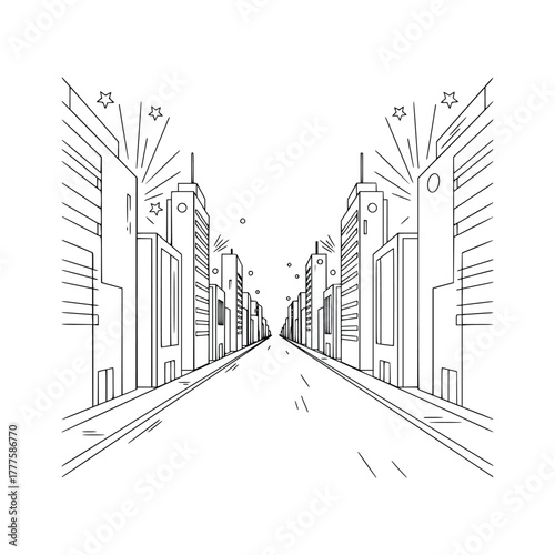 Modern City Street Line Art Illustration – Urban Skyline Perspective Drawing, one line buildings design, outline city.