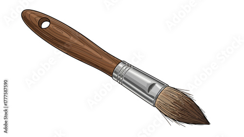 A closeup illustration of a paint brush with a wooden handle