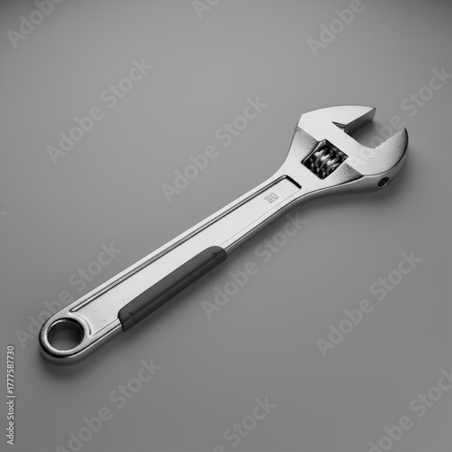 Adjustable wrench. Chrome steel spanner tool with rubber grip, isolated for industrial, mechanical, and construction design concepts. Professional hand tool close-up.