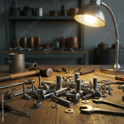 Metal Bolts and Tools on Wooden Workbench.
Workshop Table with Nuts, Bolts and Wrenches.
Mechanical Tools under Lamp Light.
Engineer’s Desk with Hardware and Tools.
Industrial Workbench with Metal Par