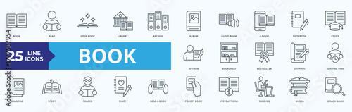 Book icon collection set with book, read, open book, library, archive, album, audio book, e-book, notebook