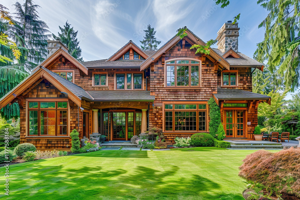 Fototapeta premium Beautiful traditional luxury home exterior with stained cedar wood shingle siding, elegant painted trim, and large windows, surrounded by lush lawn and garden landscaping.