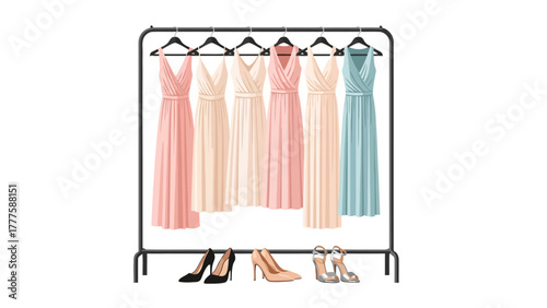 A clothing rack with six long dresses and three pairs of shoes