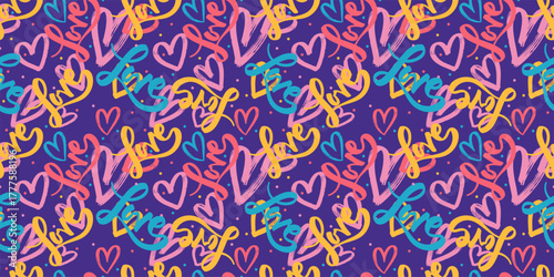 Seamless pattern with abstract chaotic LOVE inscription and hearts. Grunge dry brush monochrome background. Romantic wallpaper for girls, Valentine’s Day gift wrap, or modern vector texture.