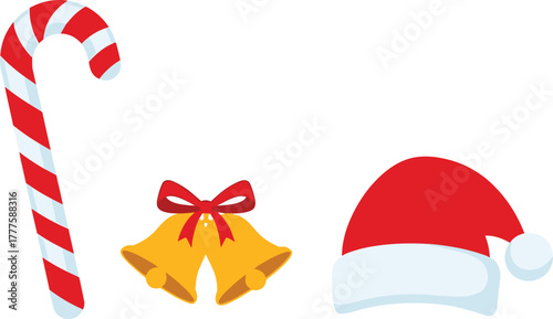 Christmas holiday vector illustration, candy cane, golden bells with ribbon, Santa hat, festive decoration icons, winter celebration design elements
