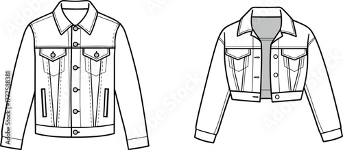 Classic denim jacket illustration, cropped denim jacket sketch, fashion flat drawing, technical garment design, apparel template, clothing outline, vector style
