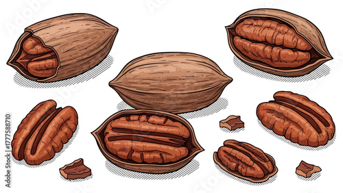 A collection of pecan nuts some in shells and some shelled
