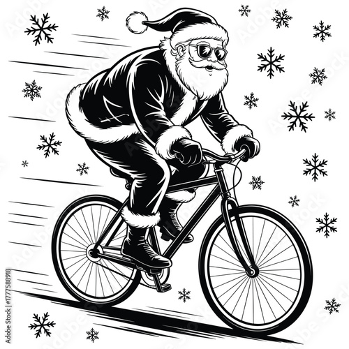 Santa Claus riding a bicycle through falling snowflakes in a black and white illustration cycling winter