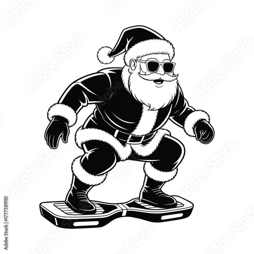 Santa Claus riding a hoverboard with sunglasses in black and white Christmas electric scooter