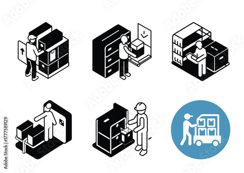 Isometric illustrations depicting a warehousing and logistics workflow, storage and delivery