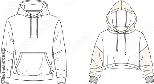 Fashion hoodie illustration, pullover sweatshirt sketch, cropped hoodie drawing, technical garment flat, apparel design template, unisex streetwear clothing vector