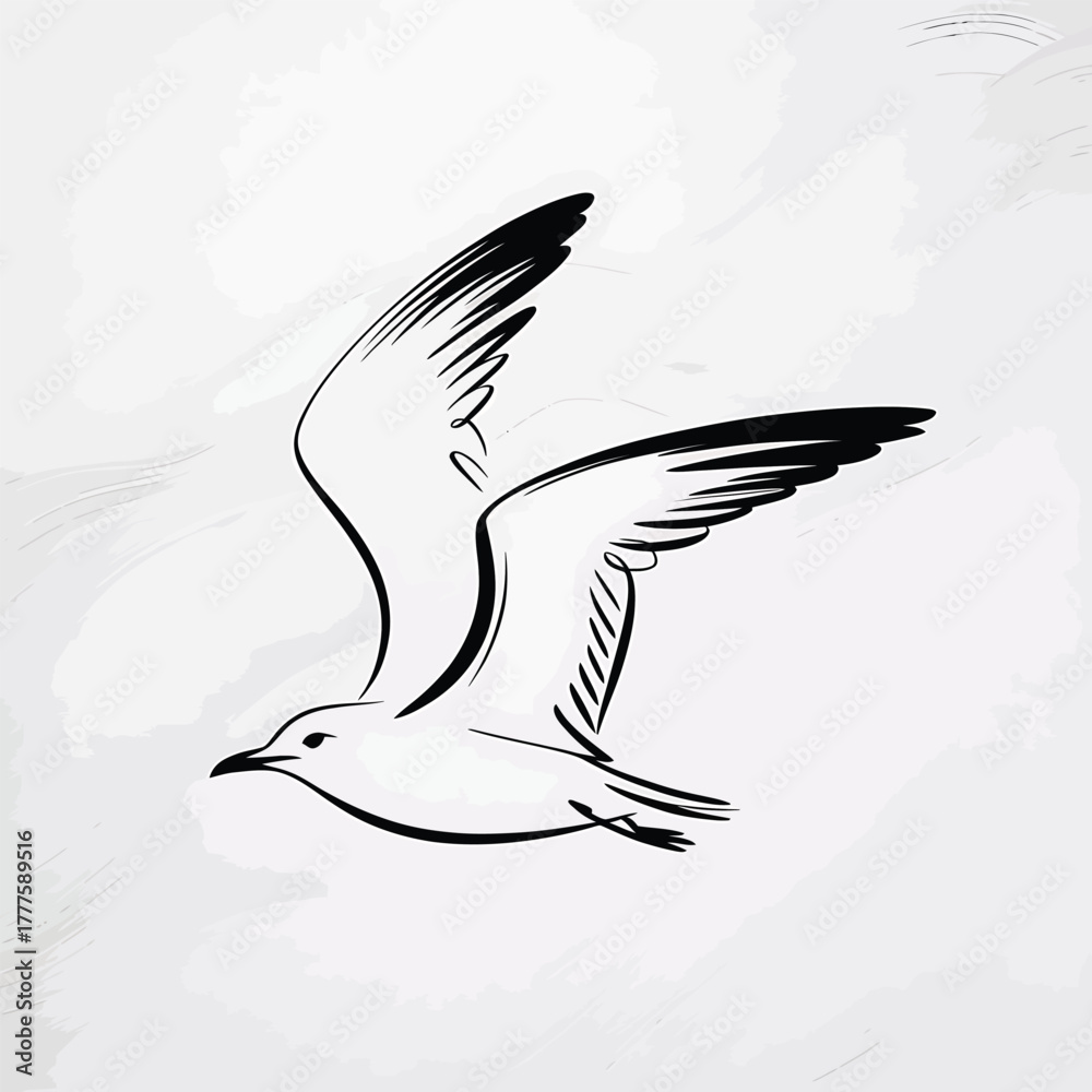Obraz premium Black and white sketch of a seagull in flight bird