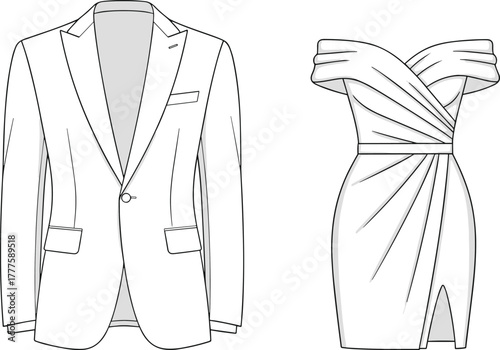 Fashion illustration, men’s blazer sketch, women’s off shoulder dress design, elegant evening wear, garment construction, stylish clothing, couture, apparel, runway
