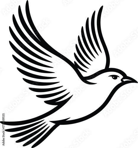 Black and White Outline of a Flying Bird 