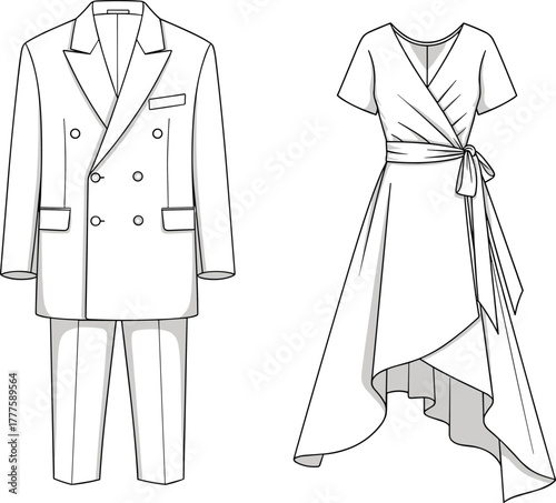 Fashion illustration, double breasted men’s suit sketch, wrap dress design, couture garment drawing, technical apparel flat, runway style artwork